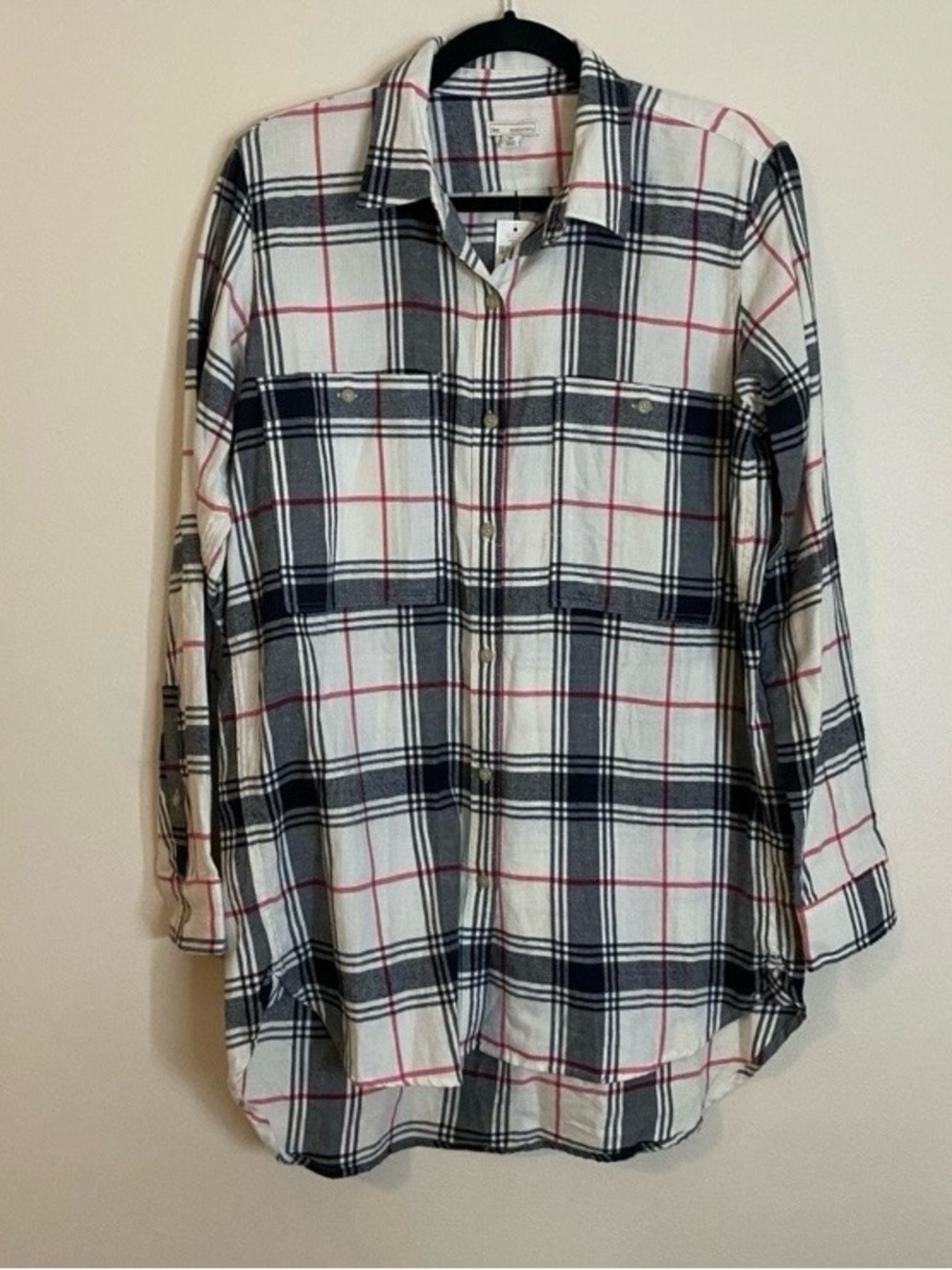 GAP cotton White and Pink Plaid Button-Up oversized Flannel Tunic Shirt  New